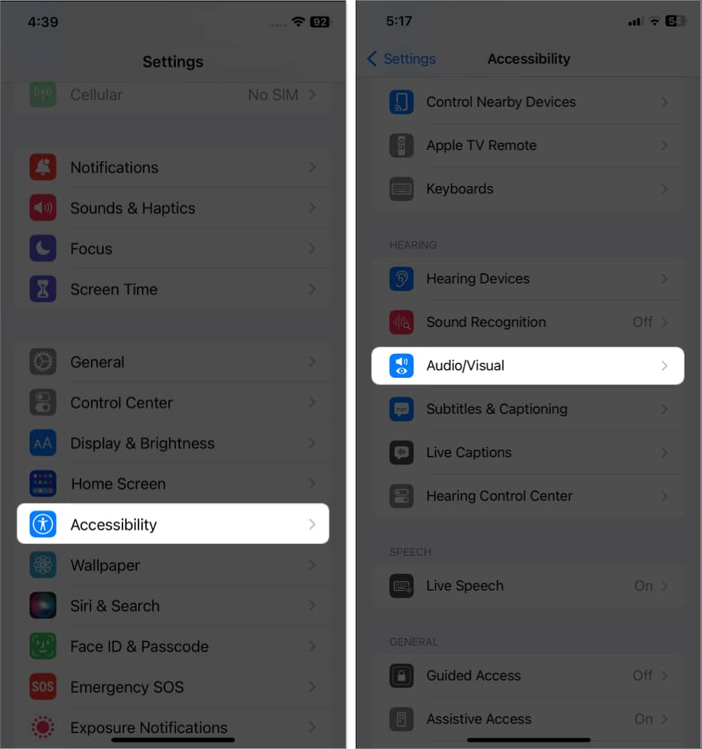 tap accessibility audiovisual in settings