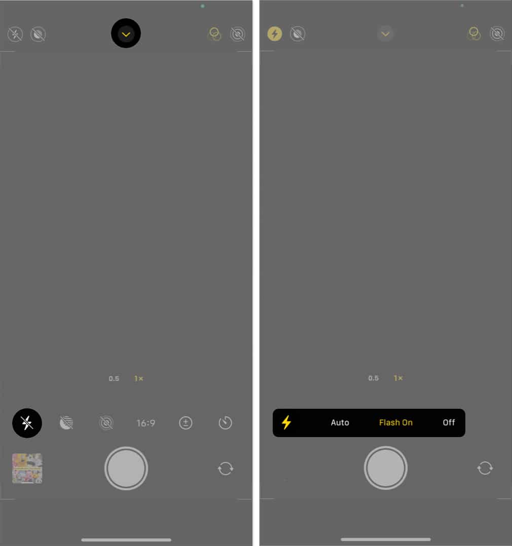 tap down arrow select flash icon tap on off on again in camera