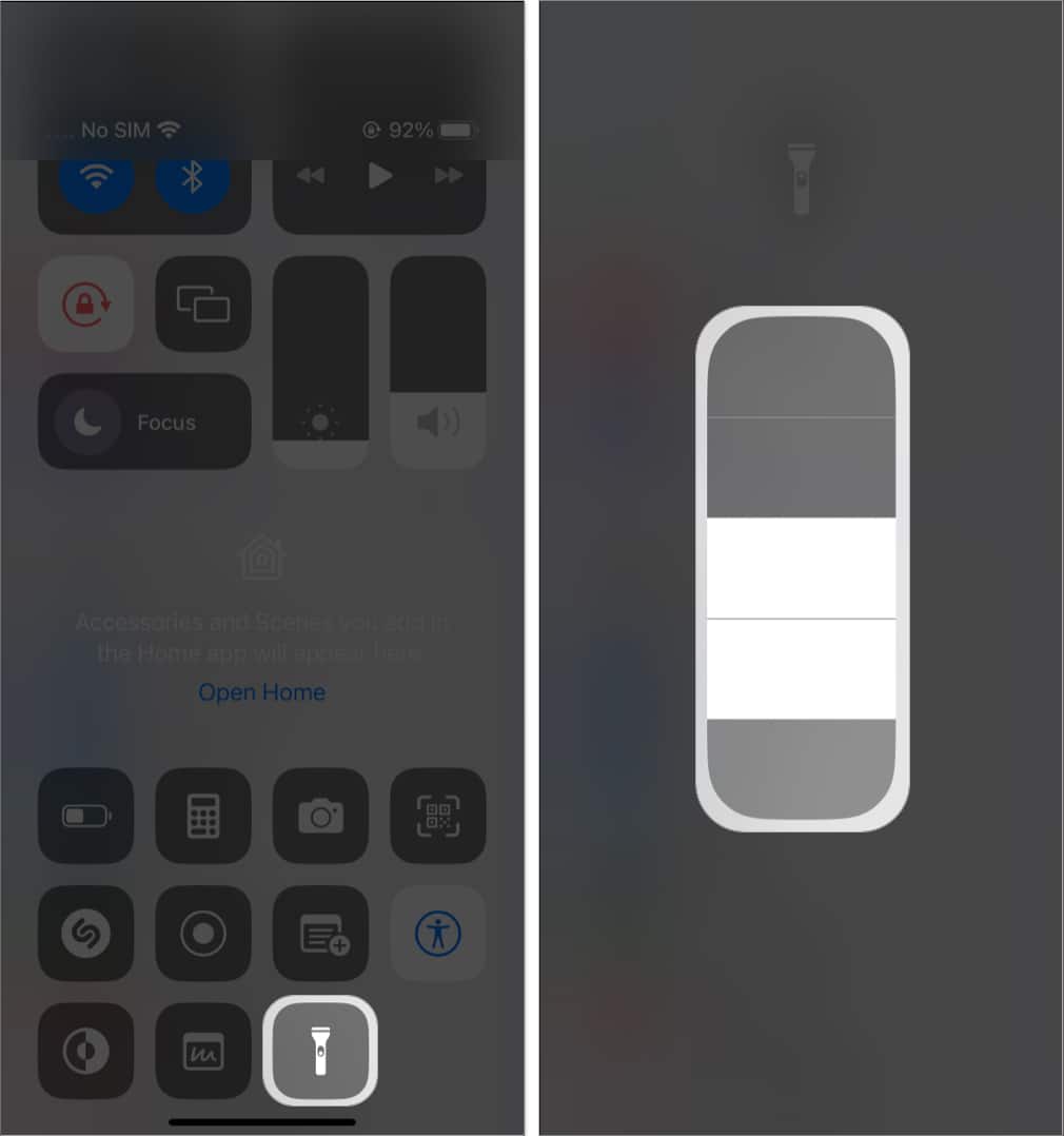 tap flash icon drag the slider in control center