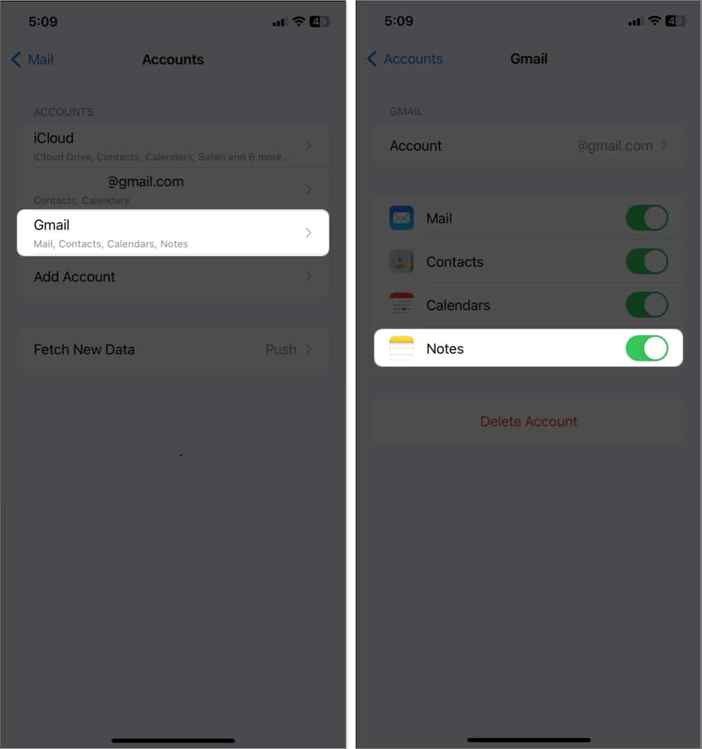 tap gmail toggle on notes in settings