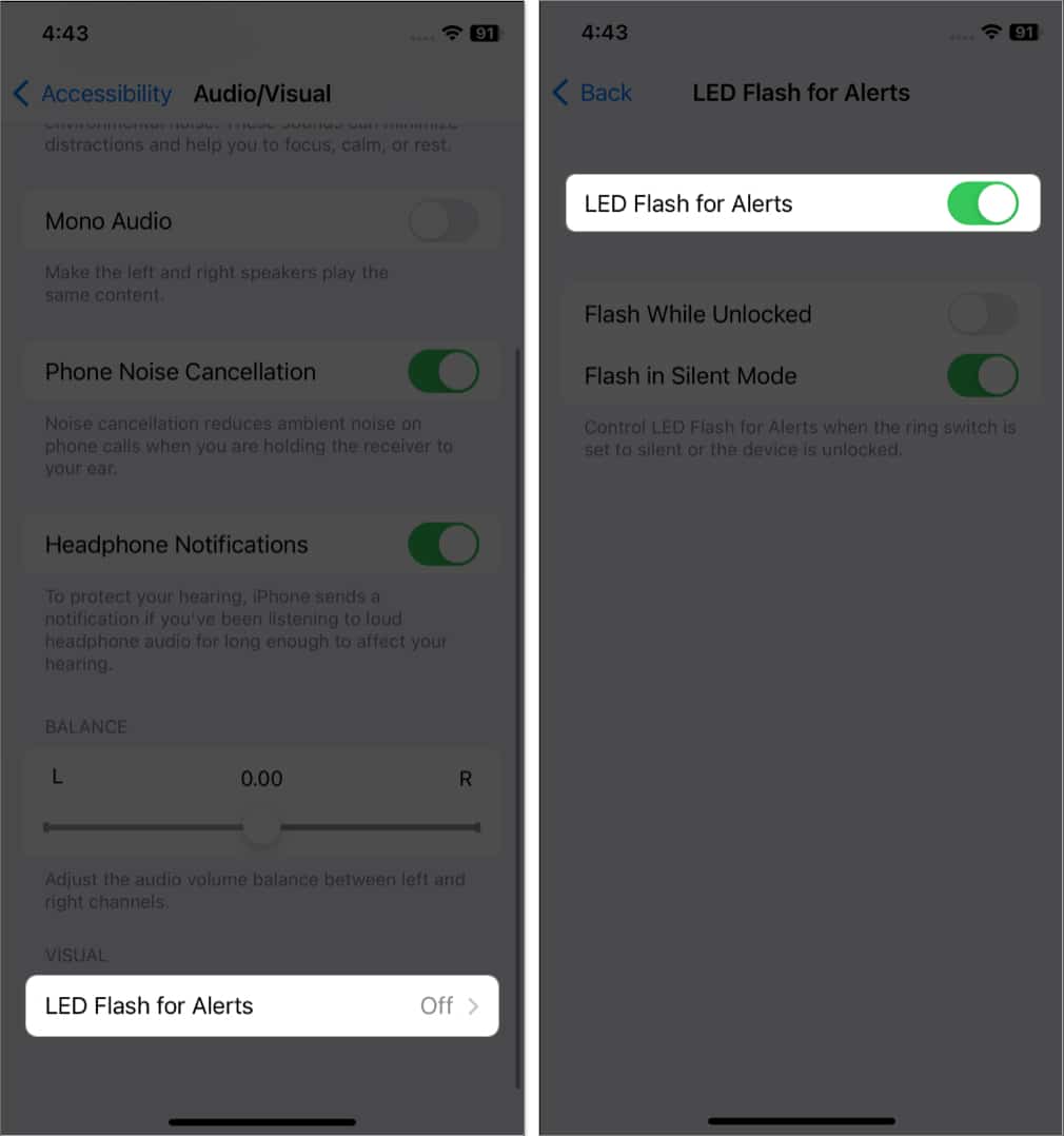 tap led flash for alerts toggle it off and on in settings