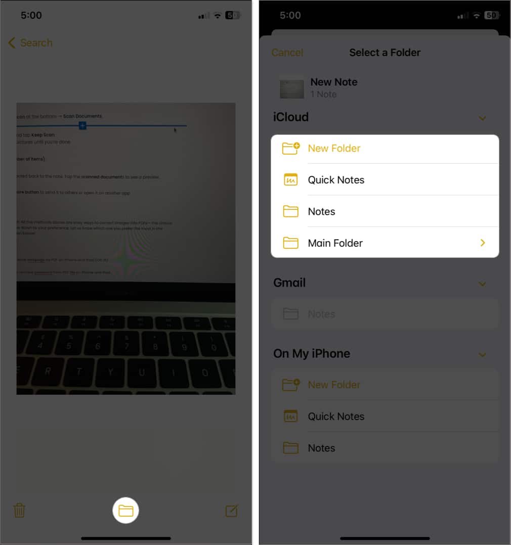tap the folder icon select a folder in notes app