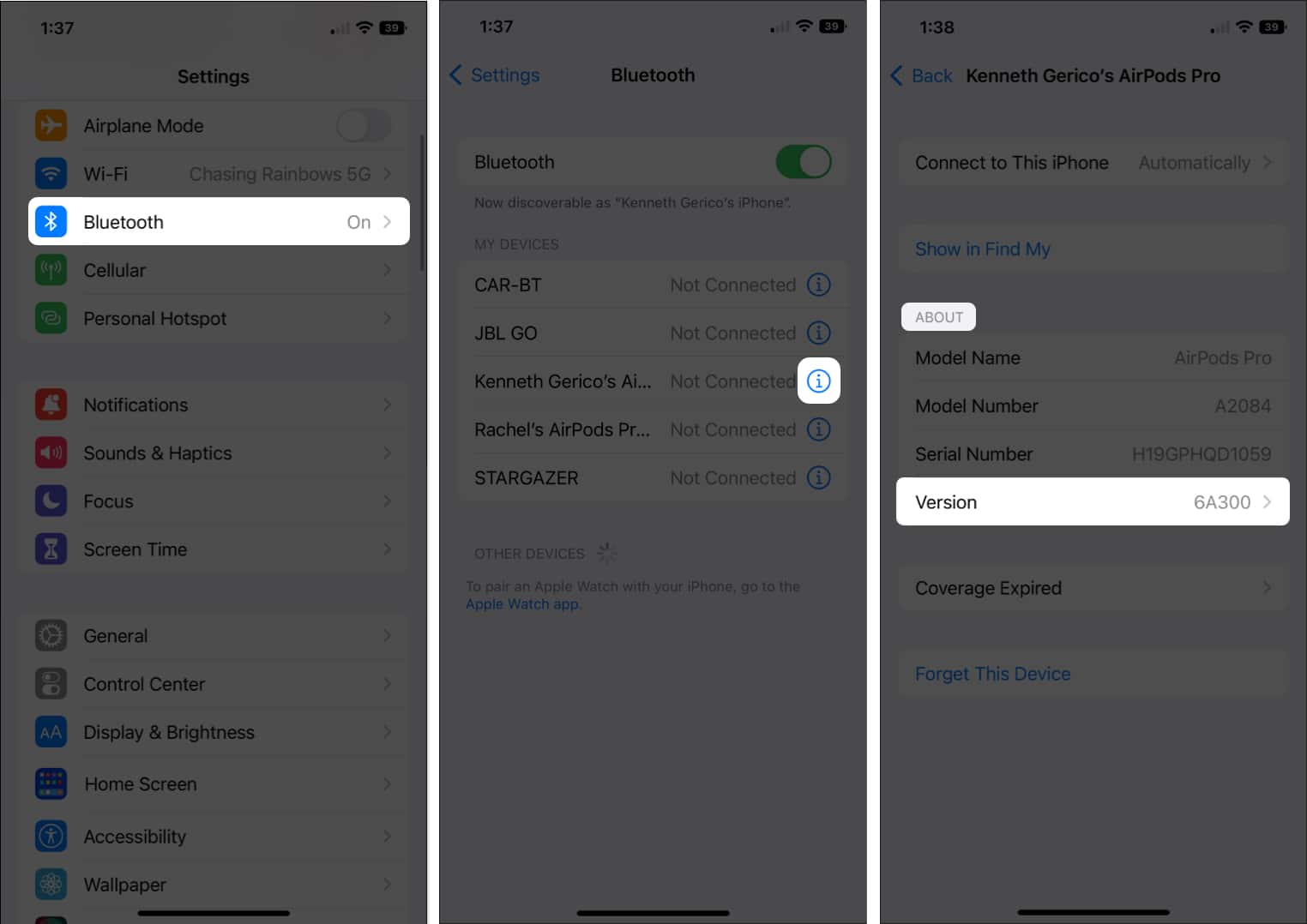 Open bluetooth settings and tap on i to check Airpods or Airpods pro firmware on iPhone