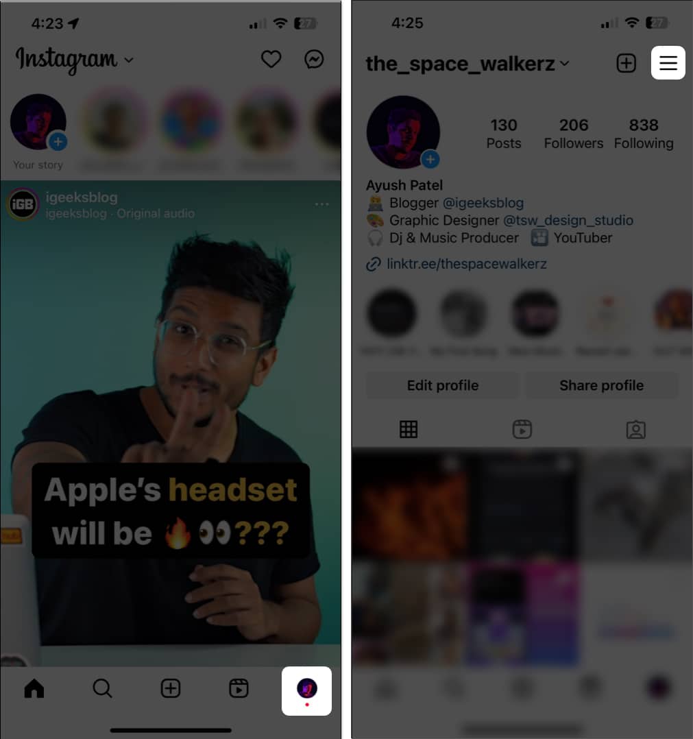 Go to the hamburger menu in Instagram