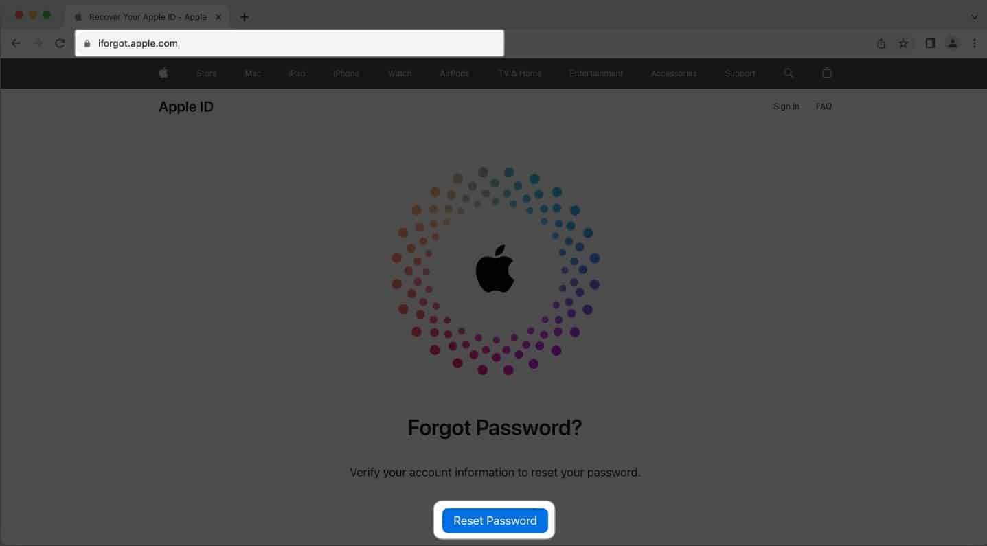 Head to iforgotapplecom and click Reset Password
