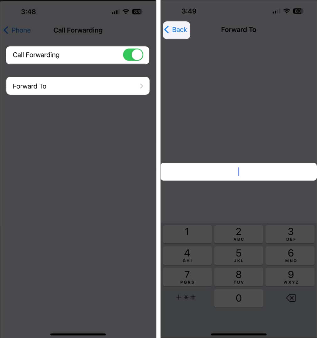 Toggle on Call Forwarding and select Forward to and enter number