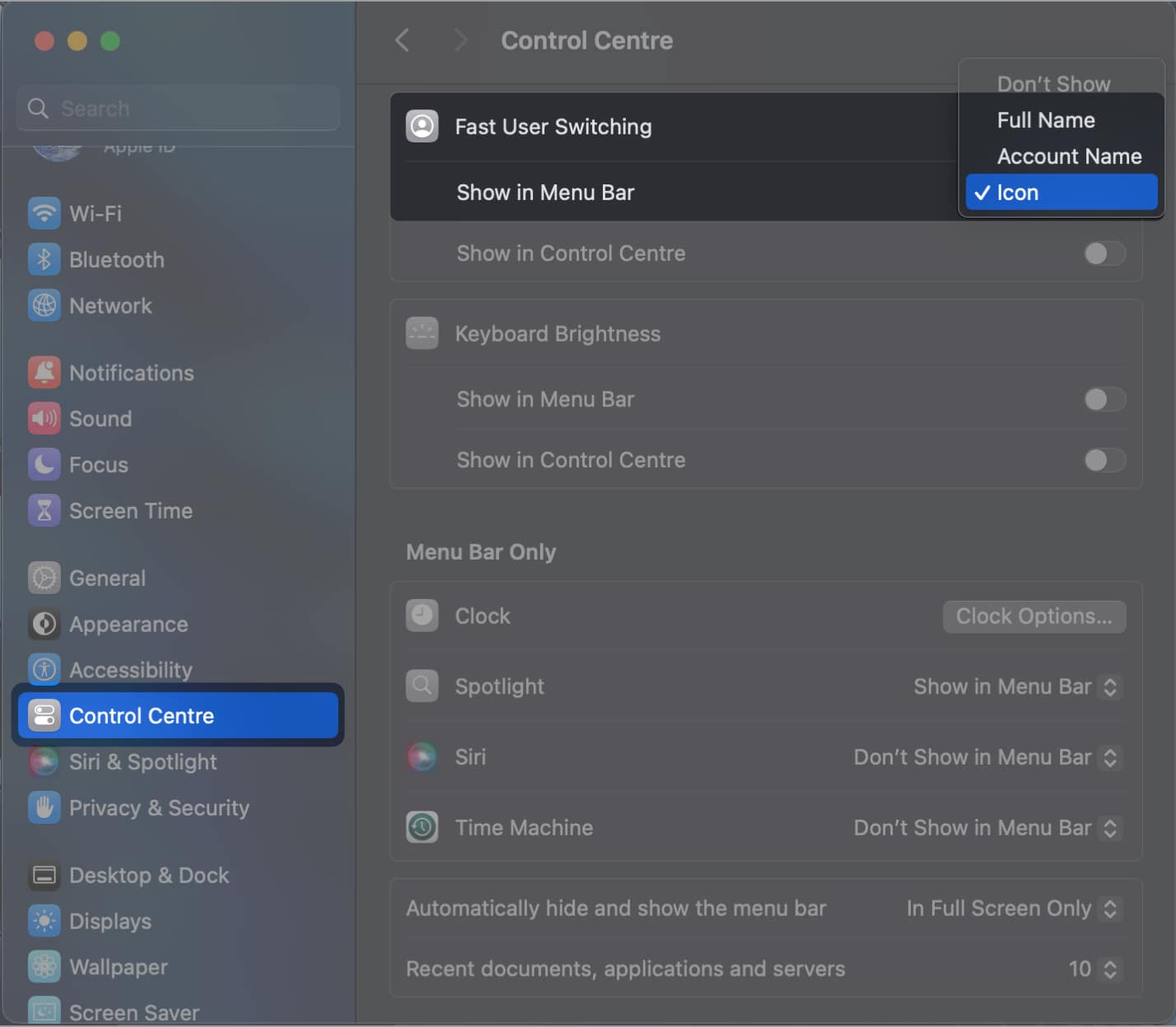 enable fast user switching in menu bar