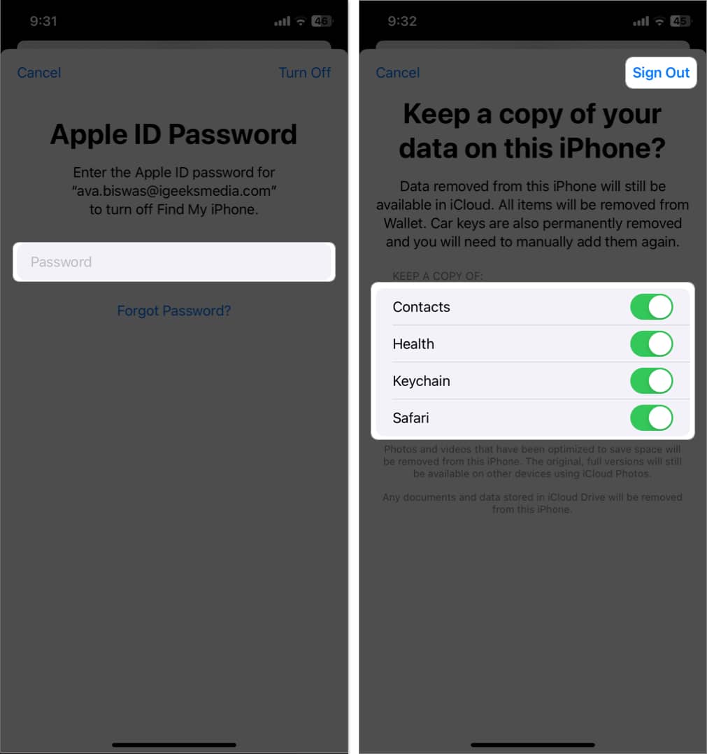 enter password toggle on every option tap sign out in Settings