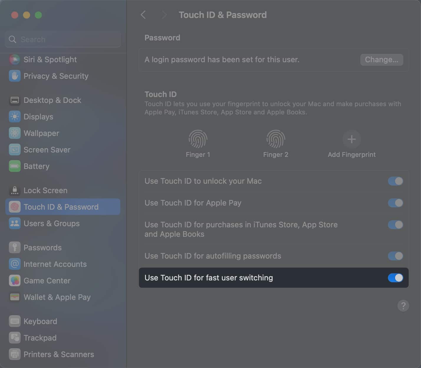 toggle on use touch id for fast user switching
