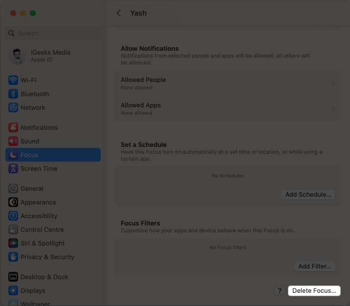 Click Delete Focus option in focus menu