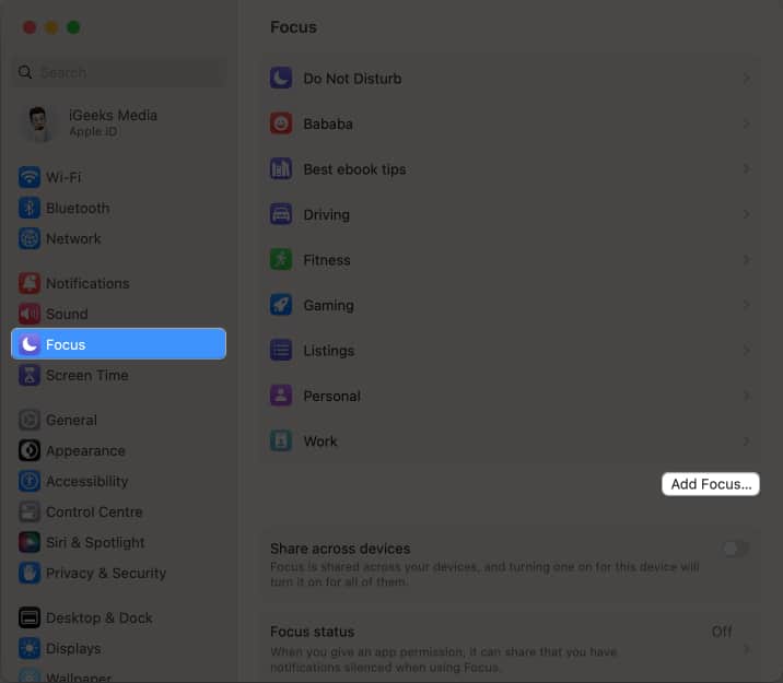 Click Focus mode add focus in settings