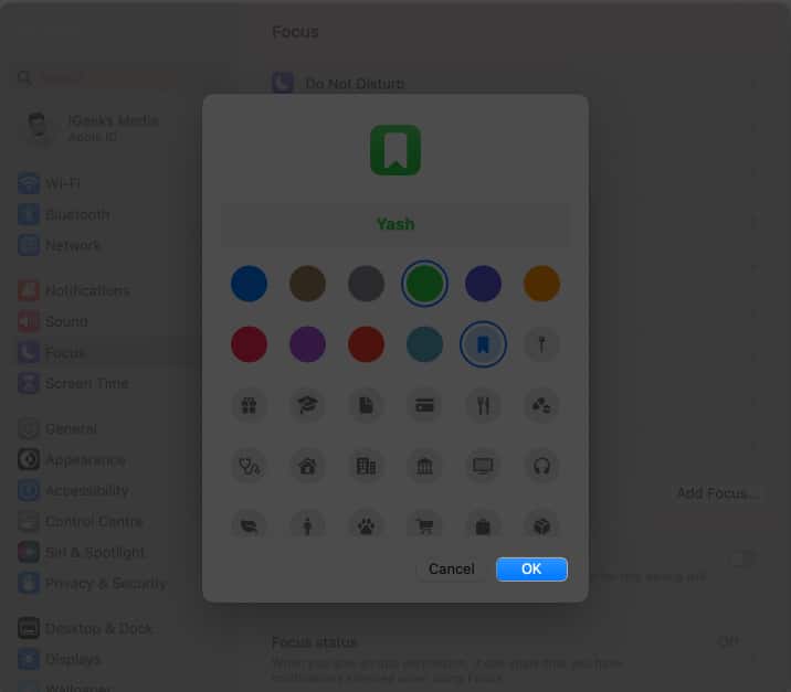Customize your profile click ok in focus mode