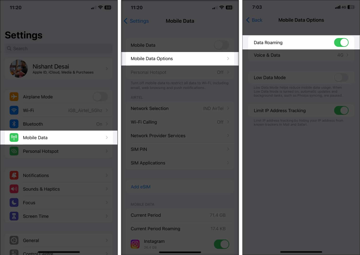 Enable roaming on iphone