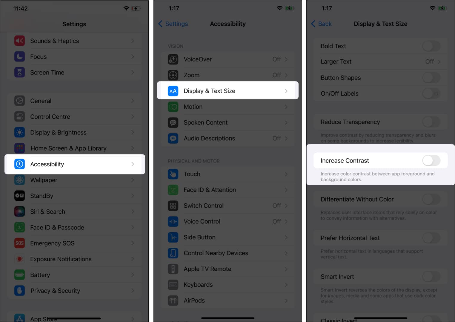 Go to accessibility in settings tap display  text size toggle off increase contrast