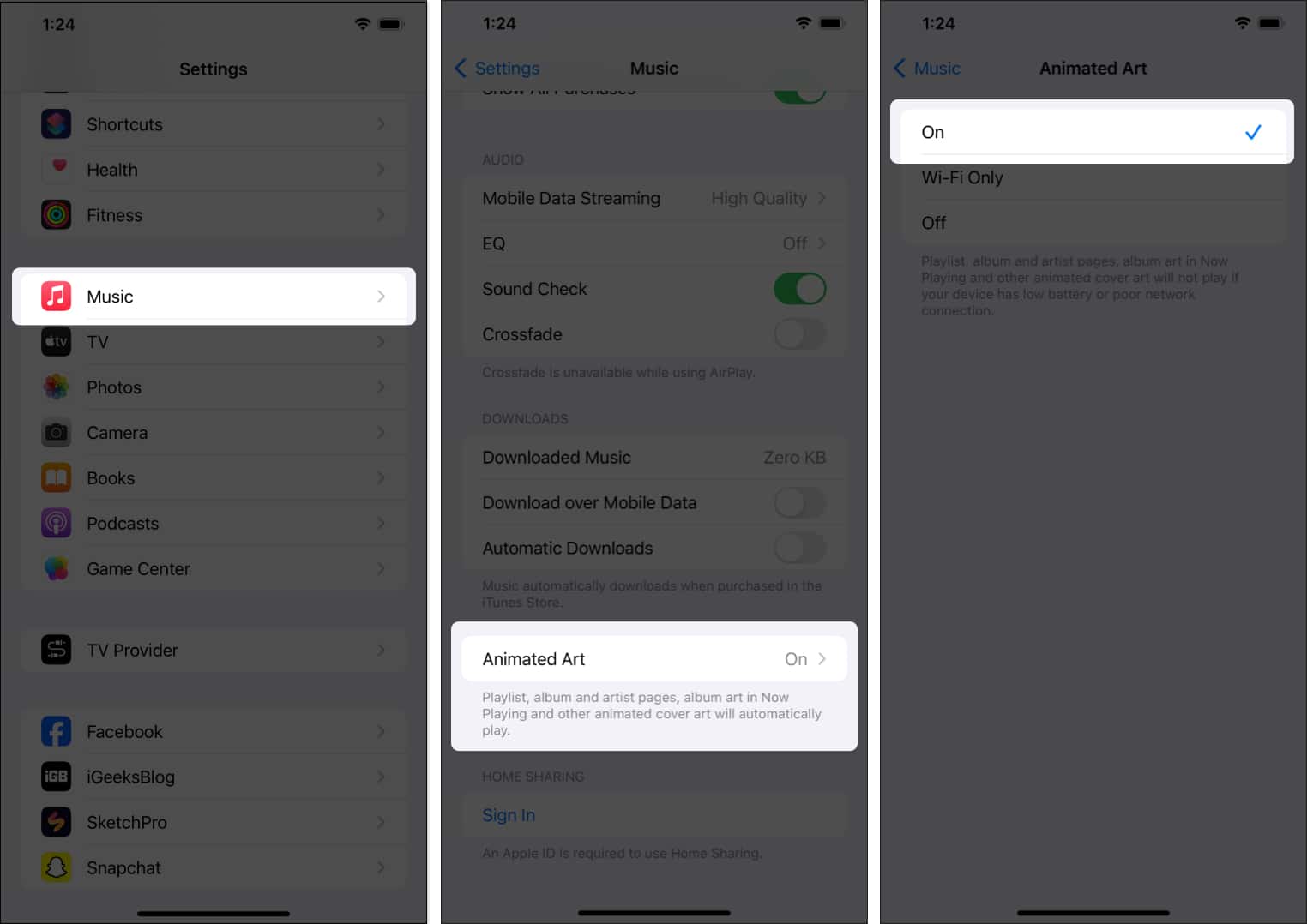 Launch settings go to music select animated art tap on