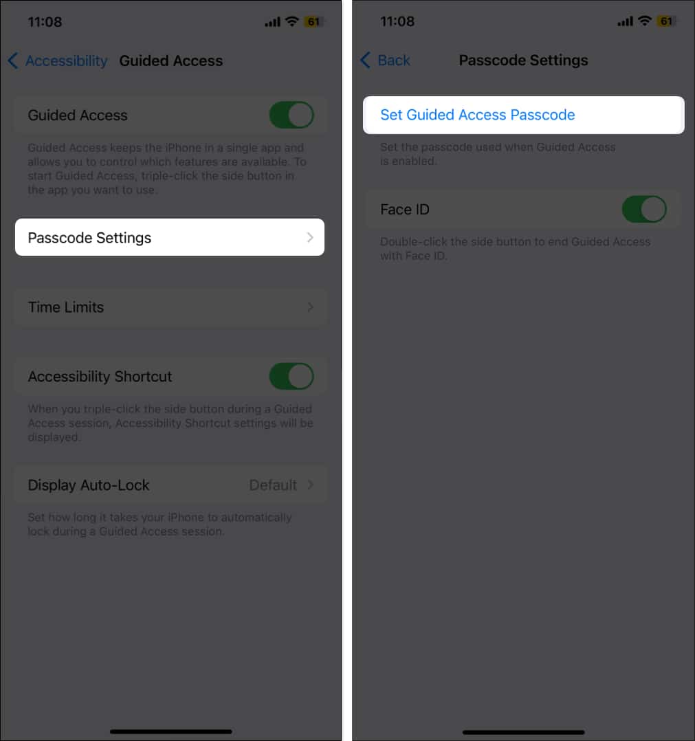Select Passcode Settings Tap Set Guided Access Passcode