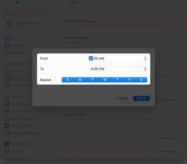 Select a day and duration for the focus mode