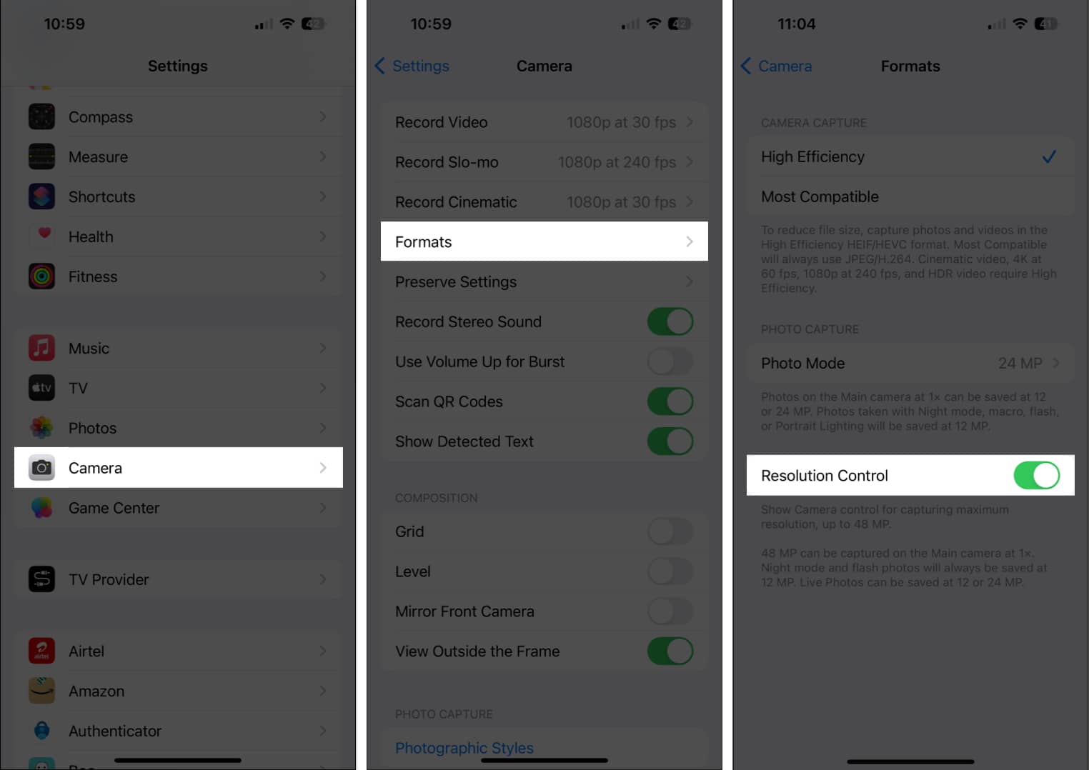 TAp Camera Formats Resoliution Control