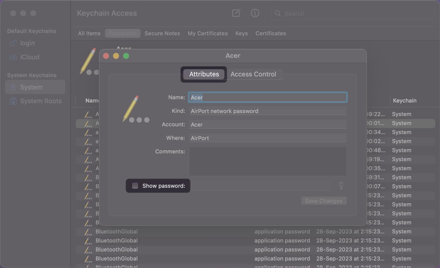 click attributes and show password