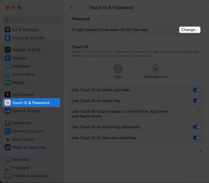 Click Touch ID and Password Change