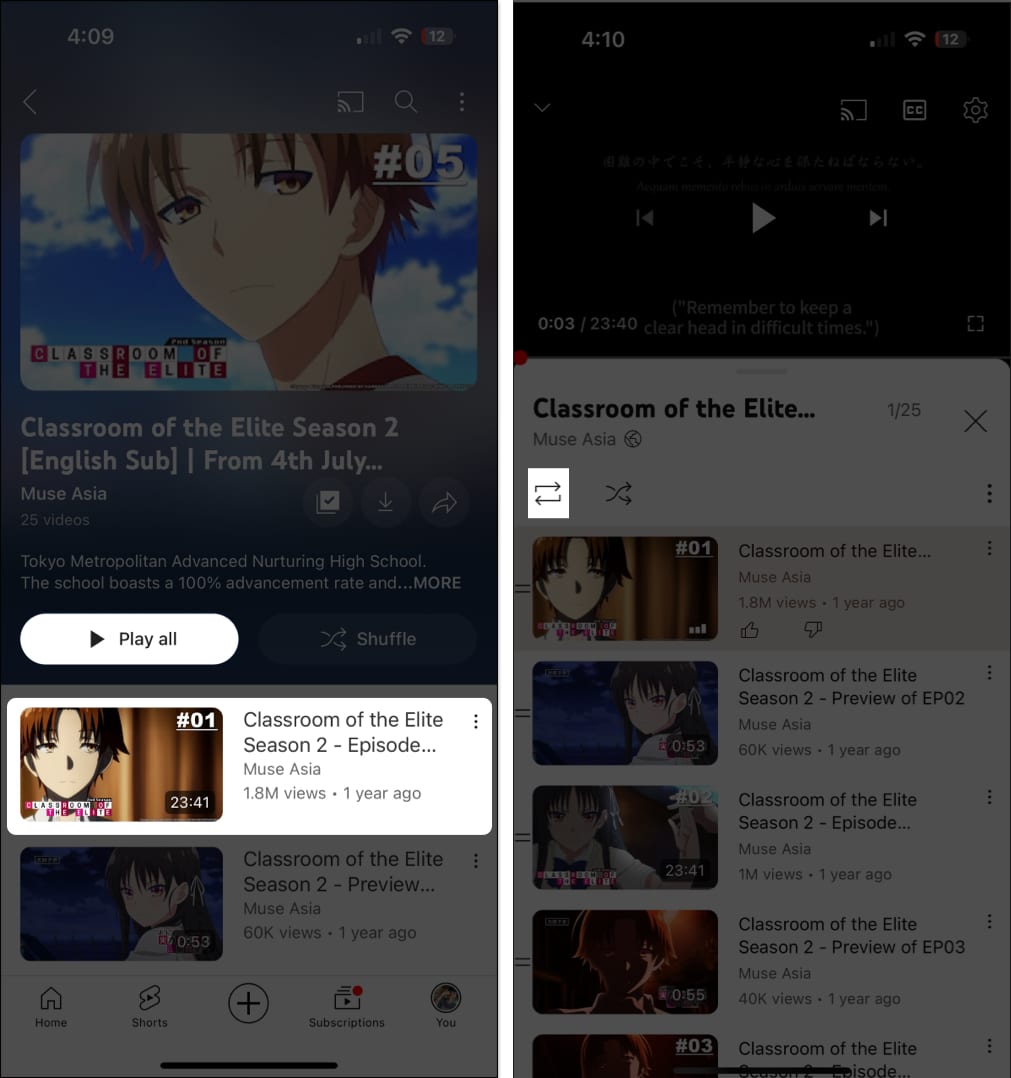Put YouTube playlist in loop in iPhone