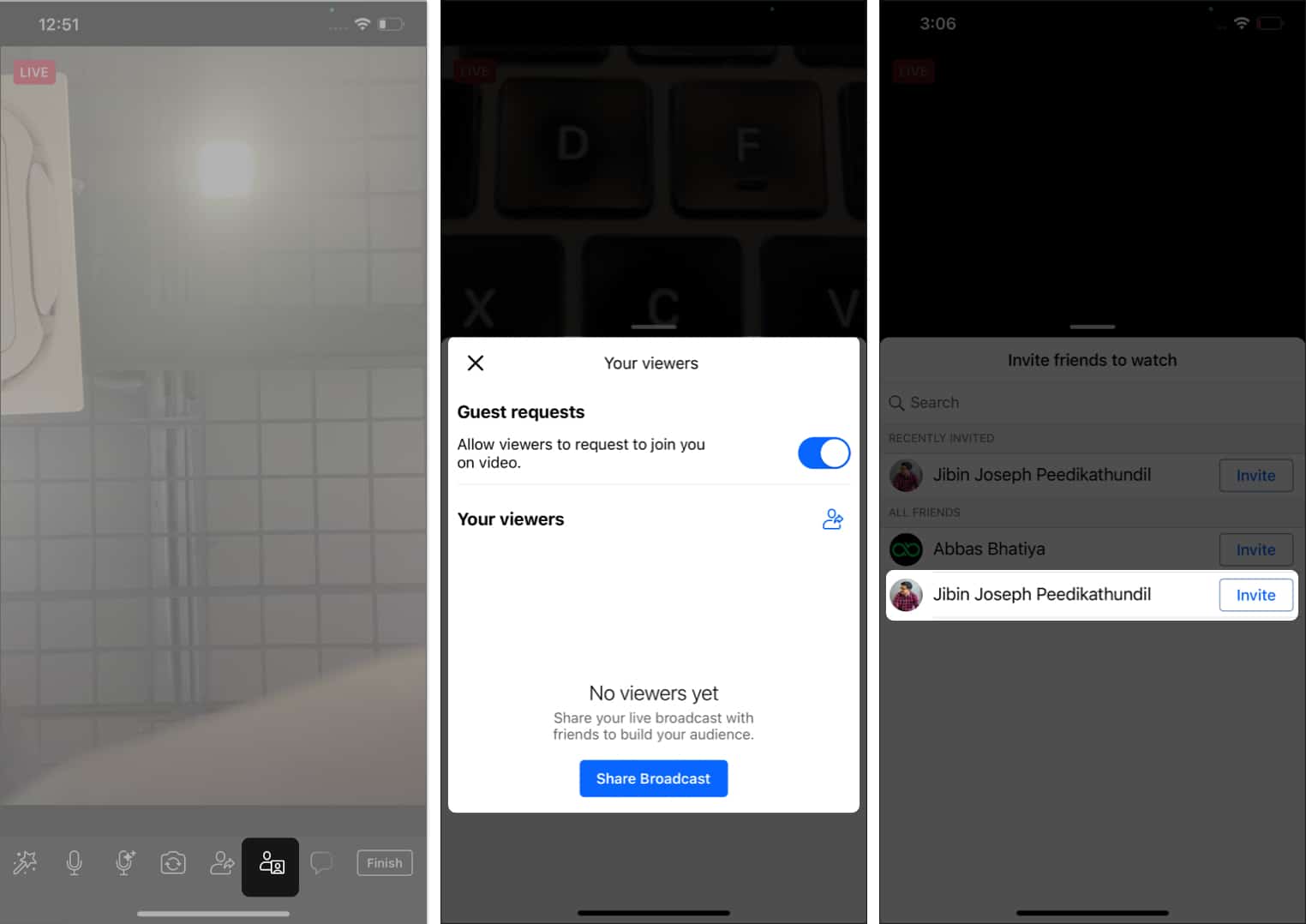 Select guest request icon toggle onoff tap your viewers or share broadcast choose invite