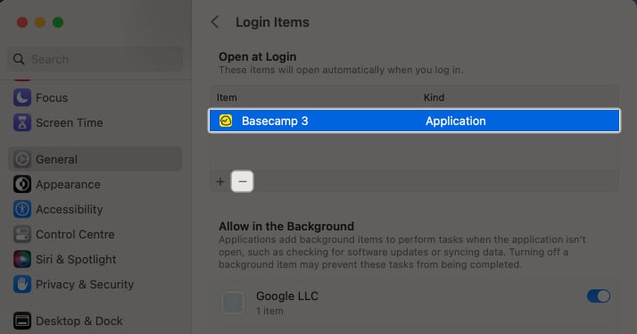 Select item and tap remove