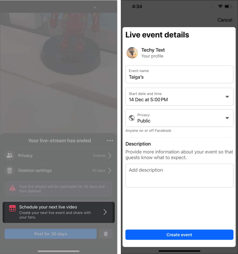 Select schedule your next live fill details tap create event