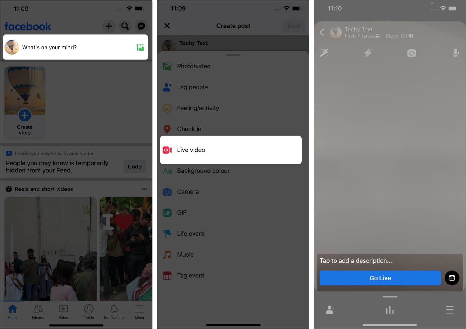 Select whats on your mind pick live video tap go live