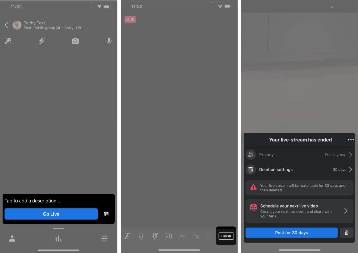 Tap go live select finish choose post for option