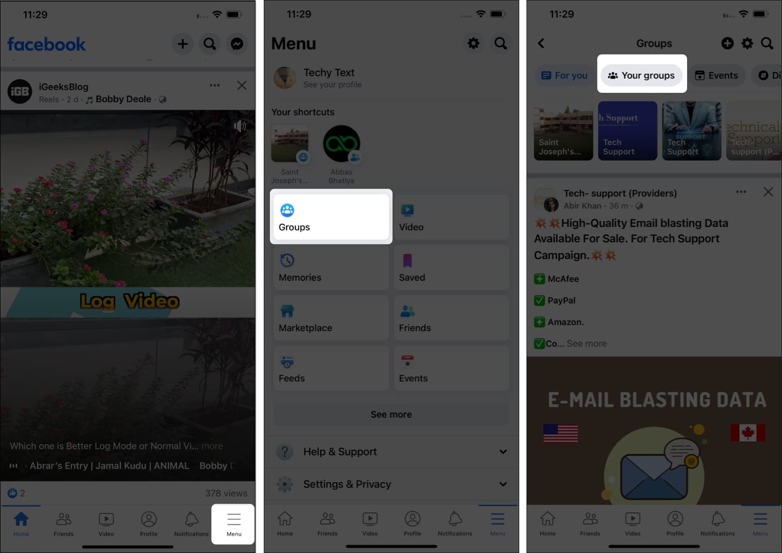 Tap hamburger icon pick groups select your groups