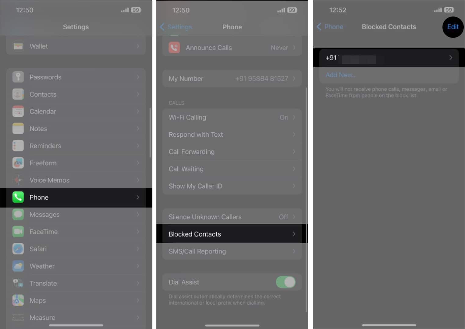 Blocked Contacts page in iPhone Settings app with a list of blocked numbers