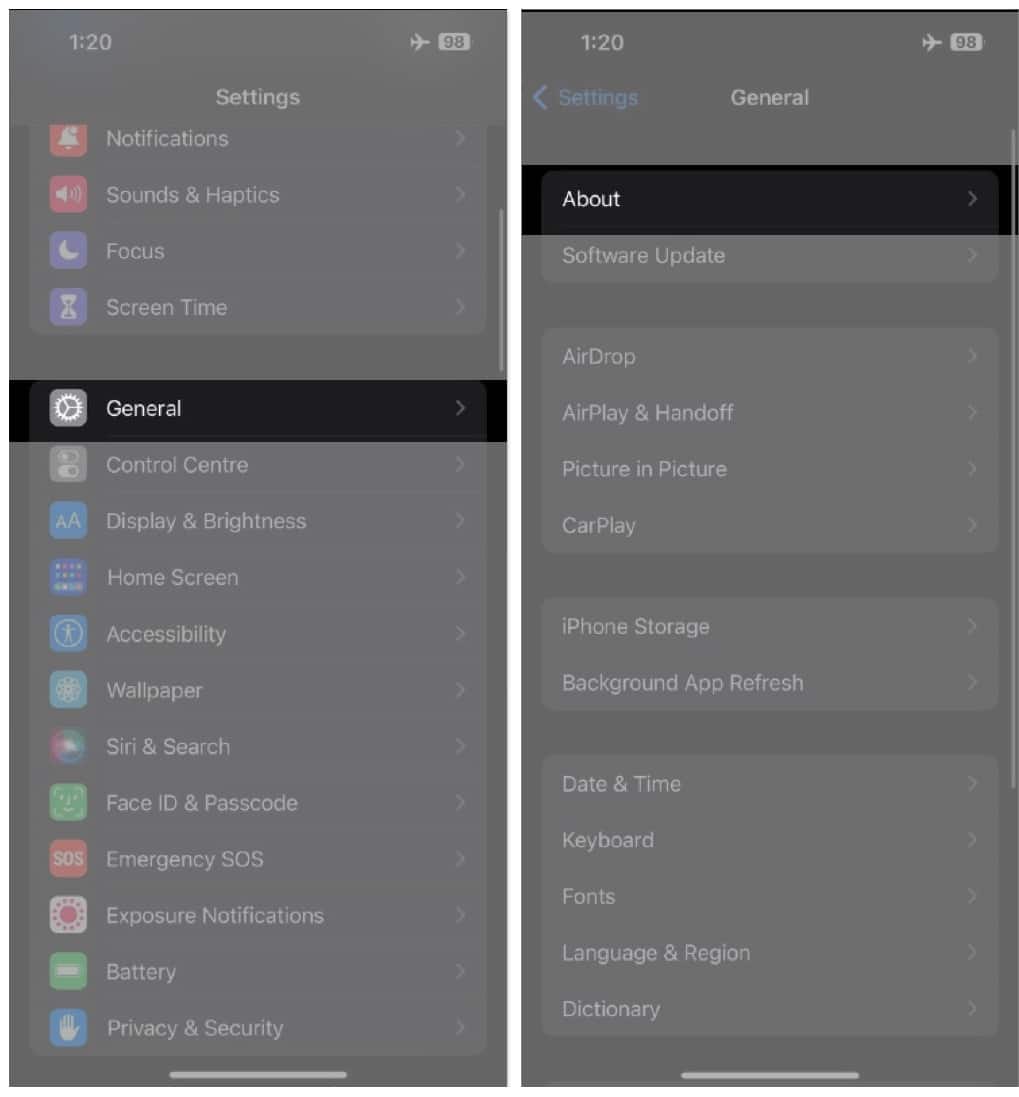 About page in iPhone Settings app