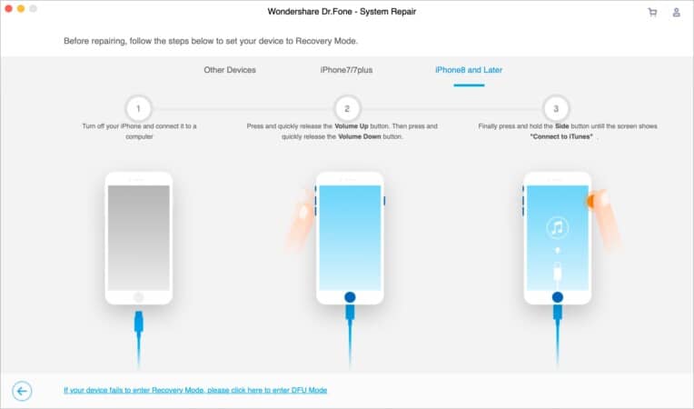 Dr Fone System Repair showing instructions to put iPhone in Recovery Mode