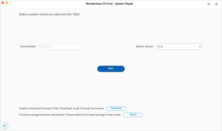 Dr Fone iOS System Repair after putting iPhone in Recovery Mode