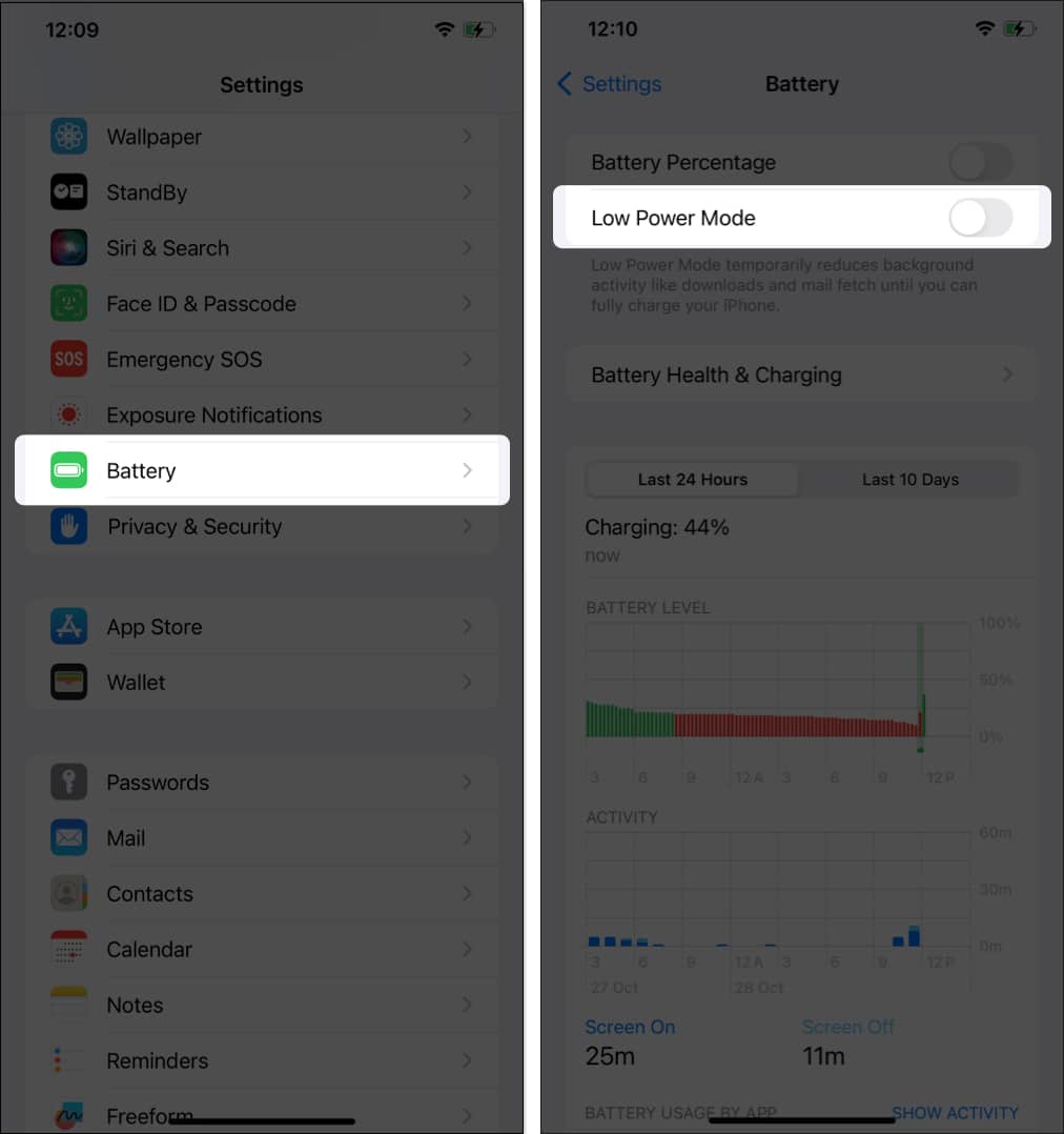 Open settings go to battery toggle off low power mode
