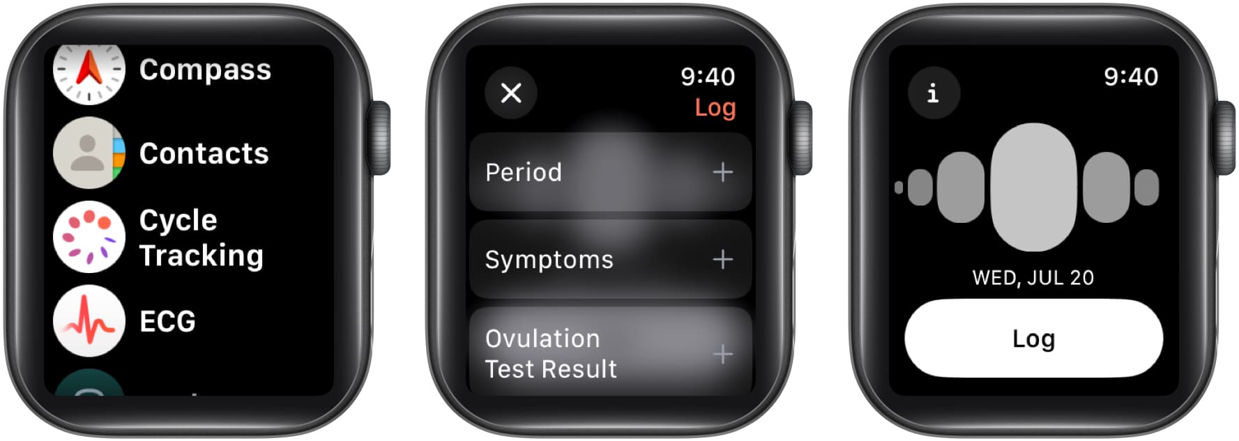Select Cycle Tracking in the Health app symptoms and tap Log