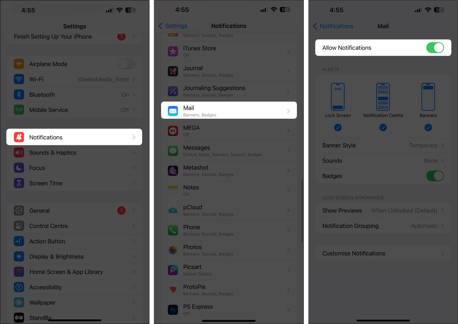 Select Notifications tap on Mail app and toggle on Allow Notifications