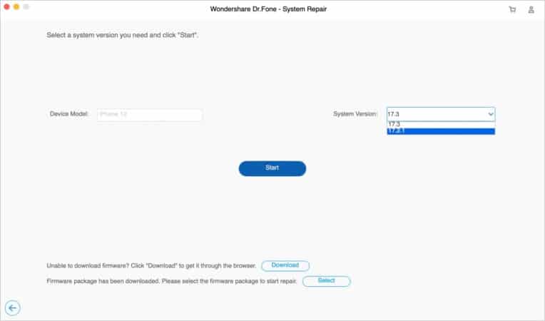 Selecting version in iOS System Repair by Dr Fone