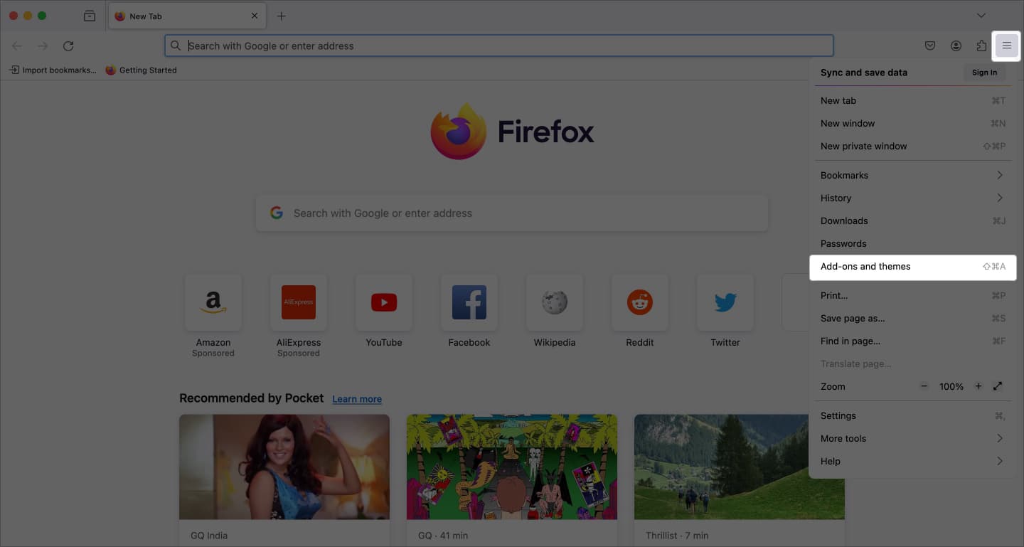 Tap the menu icon and select Add ons and themes on Mac
