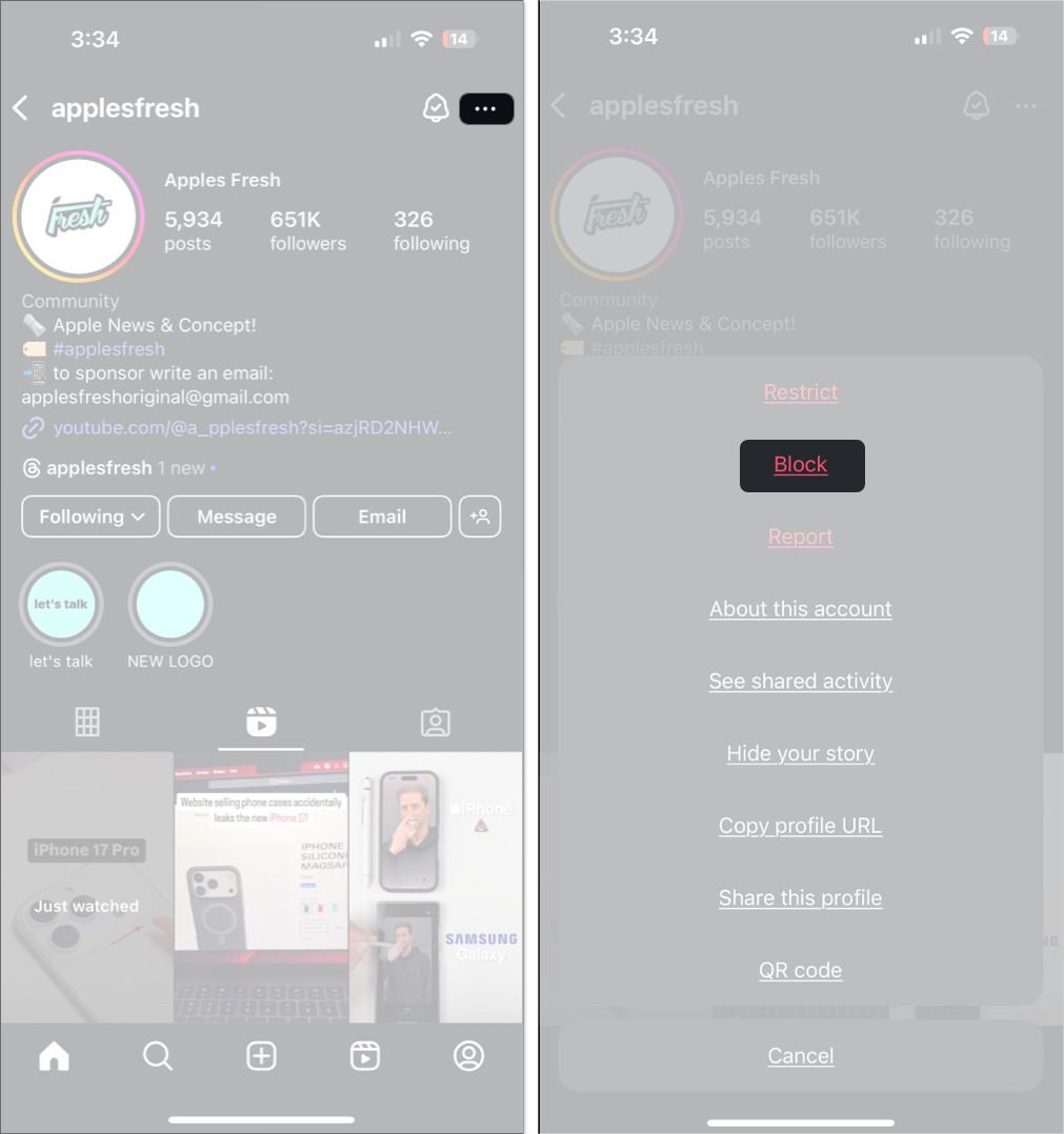 Blockera någon profil på Instagram -inställningar