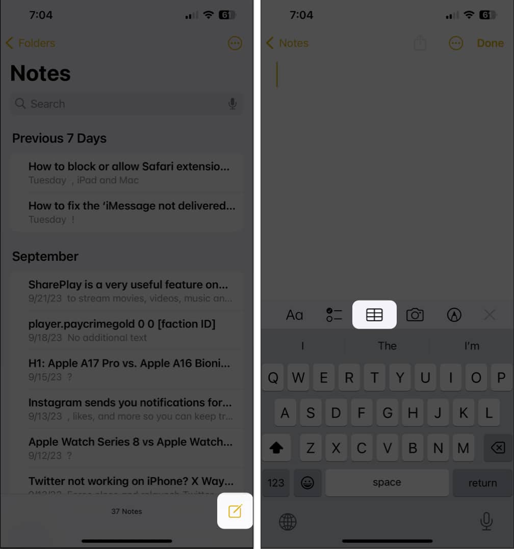 creating tables in notes app on iphone and ipad