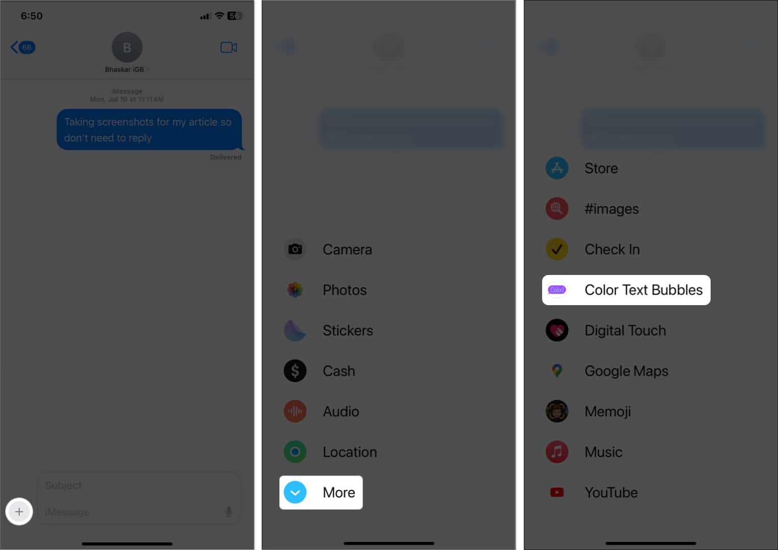 tap plus sign select more color text bubbles in messages