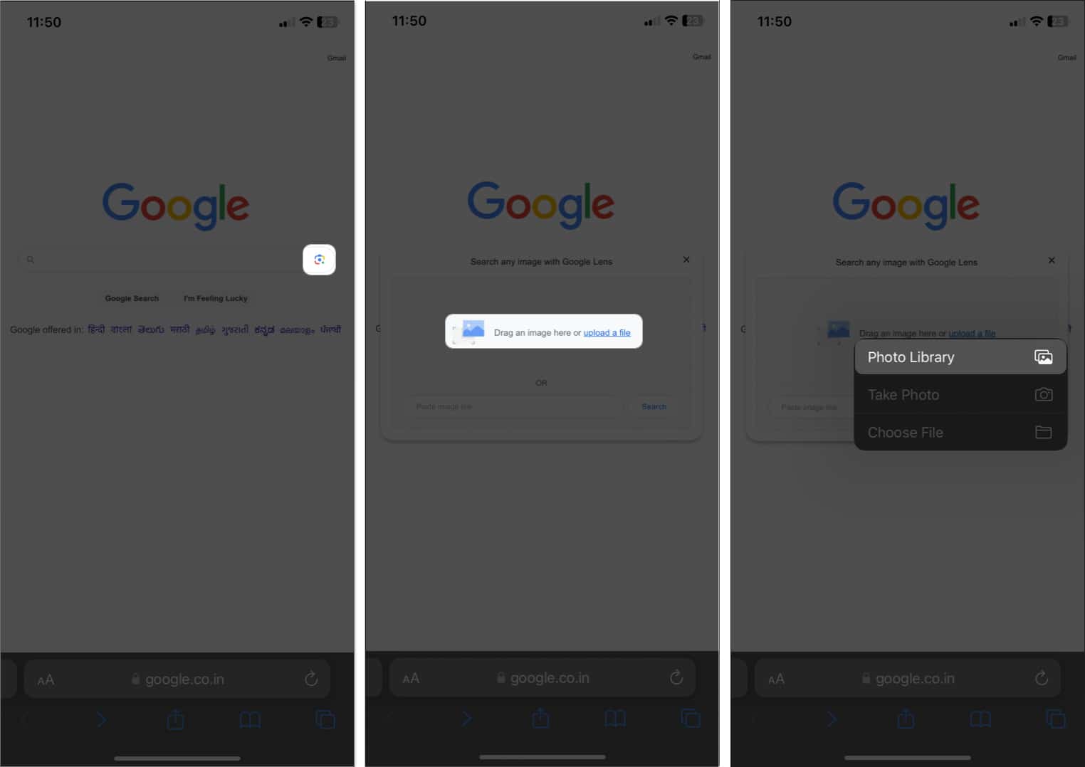 tap the lens icon upload a file select a image in safari
