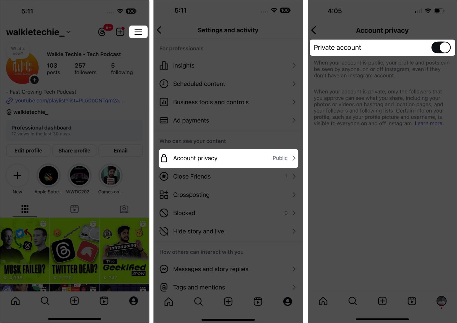 Växla på privat konto från Instagram -inställningar
