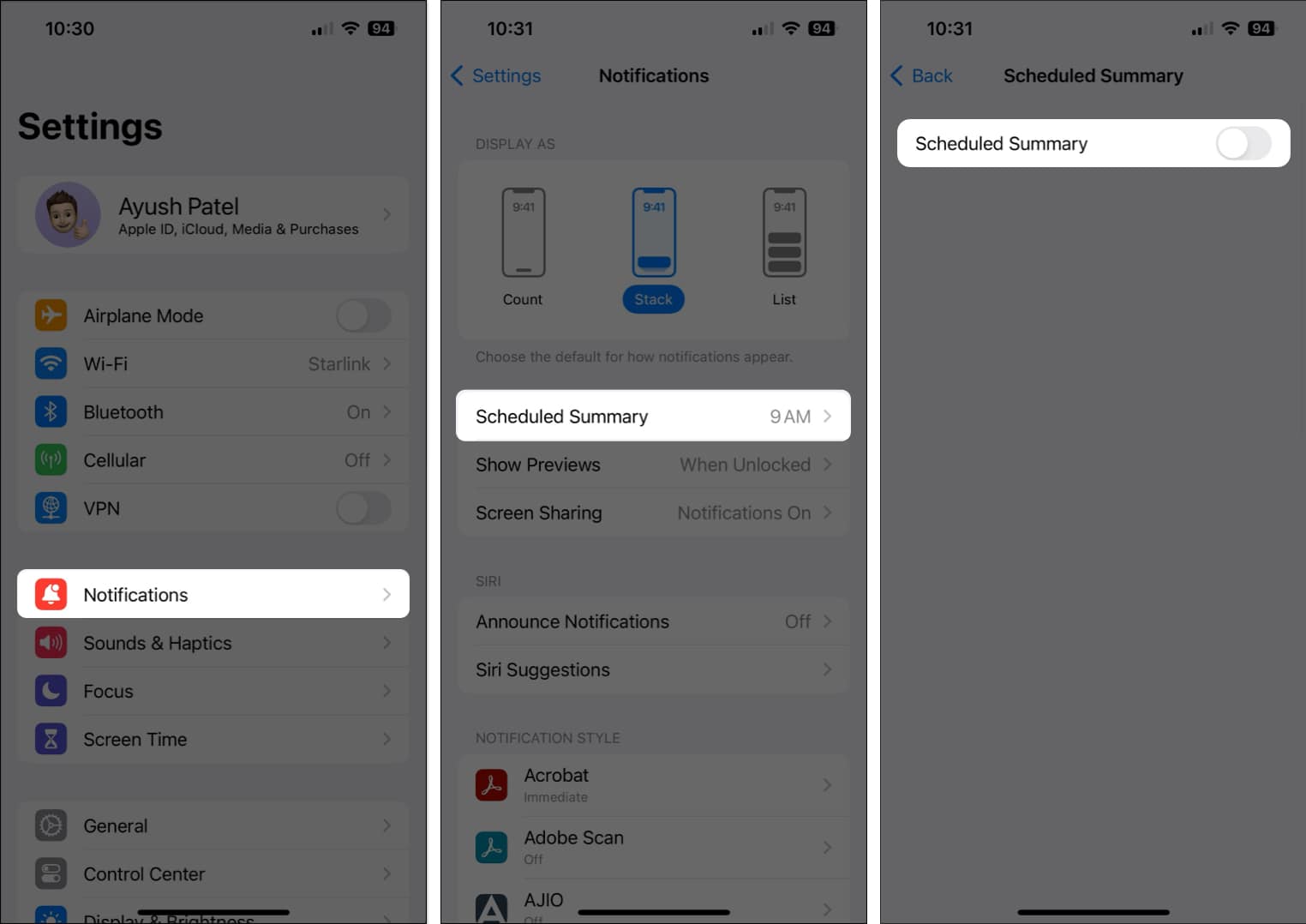 turn off scheduled summary