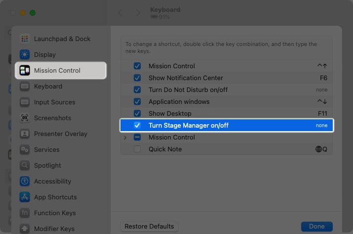Choose Mission Control and select Turn Stage Manager on or off
