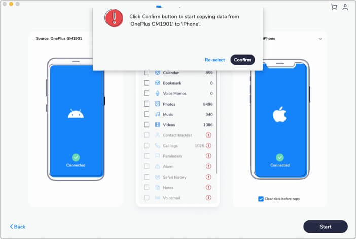 Klicka på Bekräfta knappen för att starta kopiering av data från Android till iPhone