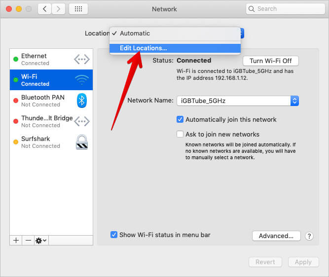 Click on Edit Locations in Mac Wi Fi Settings