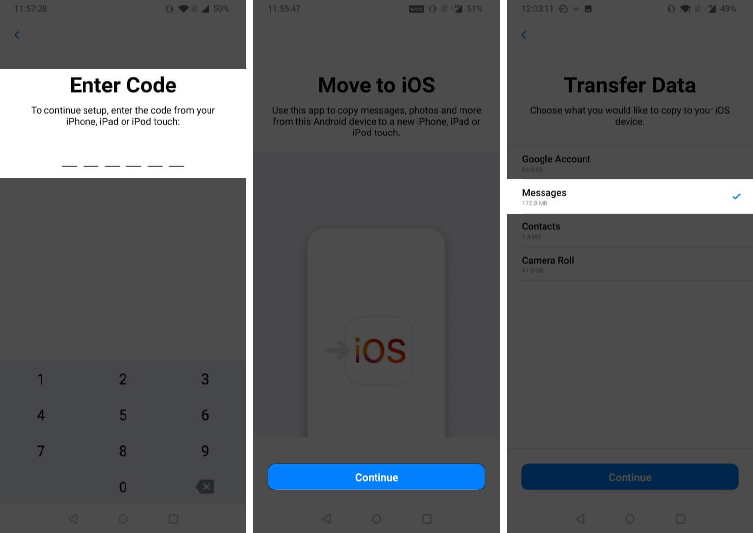 Ange kod på Android -enheten och välj meddelanden för att överföra på iPhone